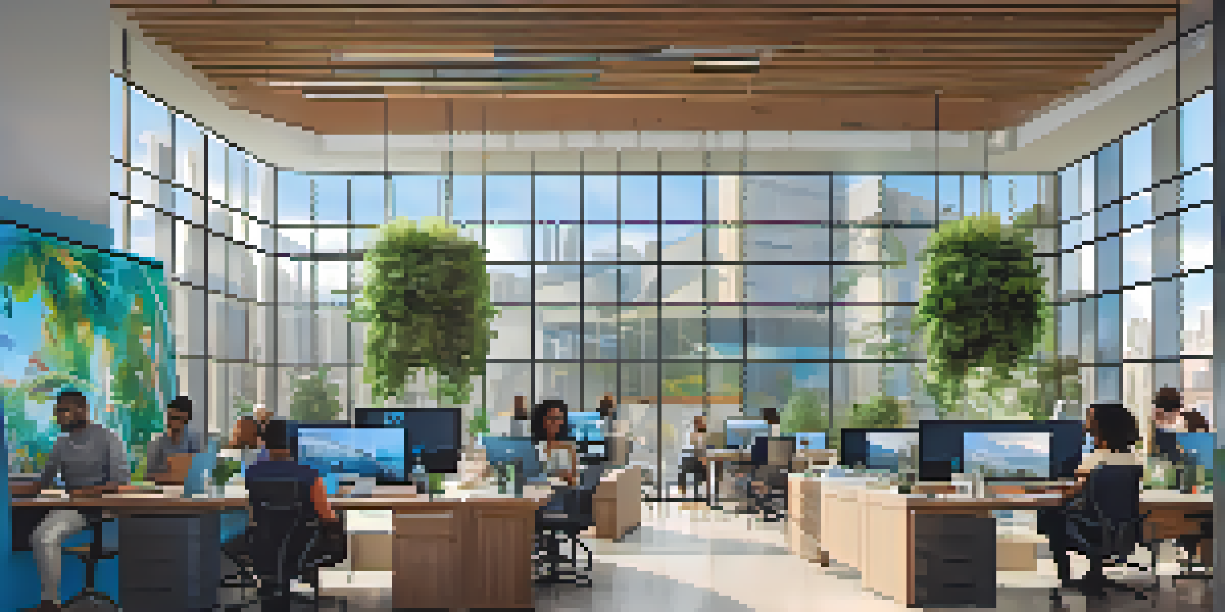 A modern tech startup office in Compton with diverse entrepreneurs collaborating around a table, large glass windows, and green plants.
