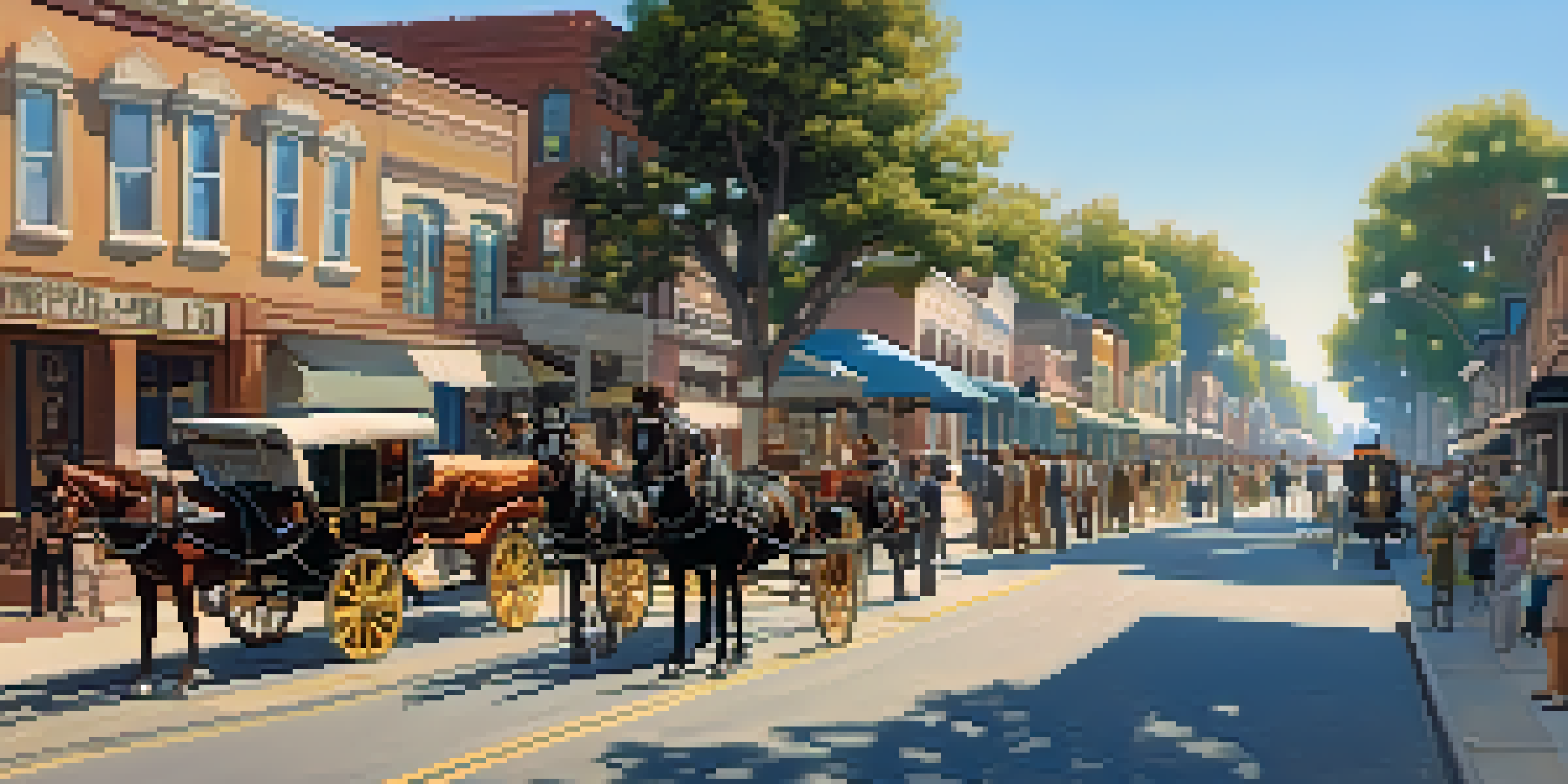 A historical street scene in early 20th century Compton, featuring horse-drawn carriages, streetcars, and pedestrians in period clothing.