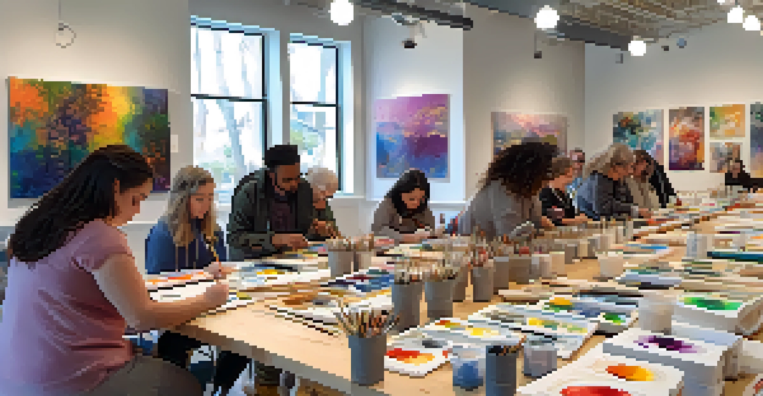 Participants of all ages engaged in an art workshop inside a brightly lit gallery, surrounded by colorful art supplies.