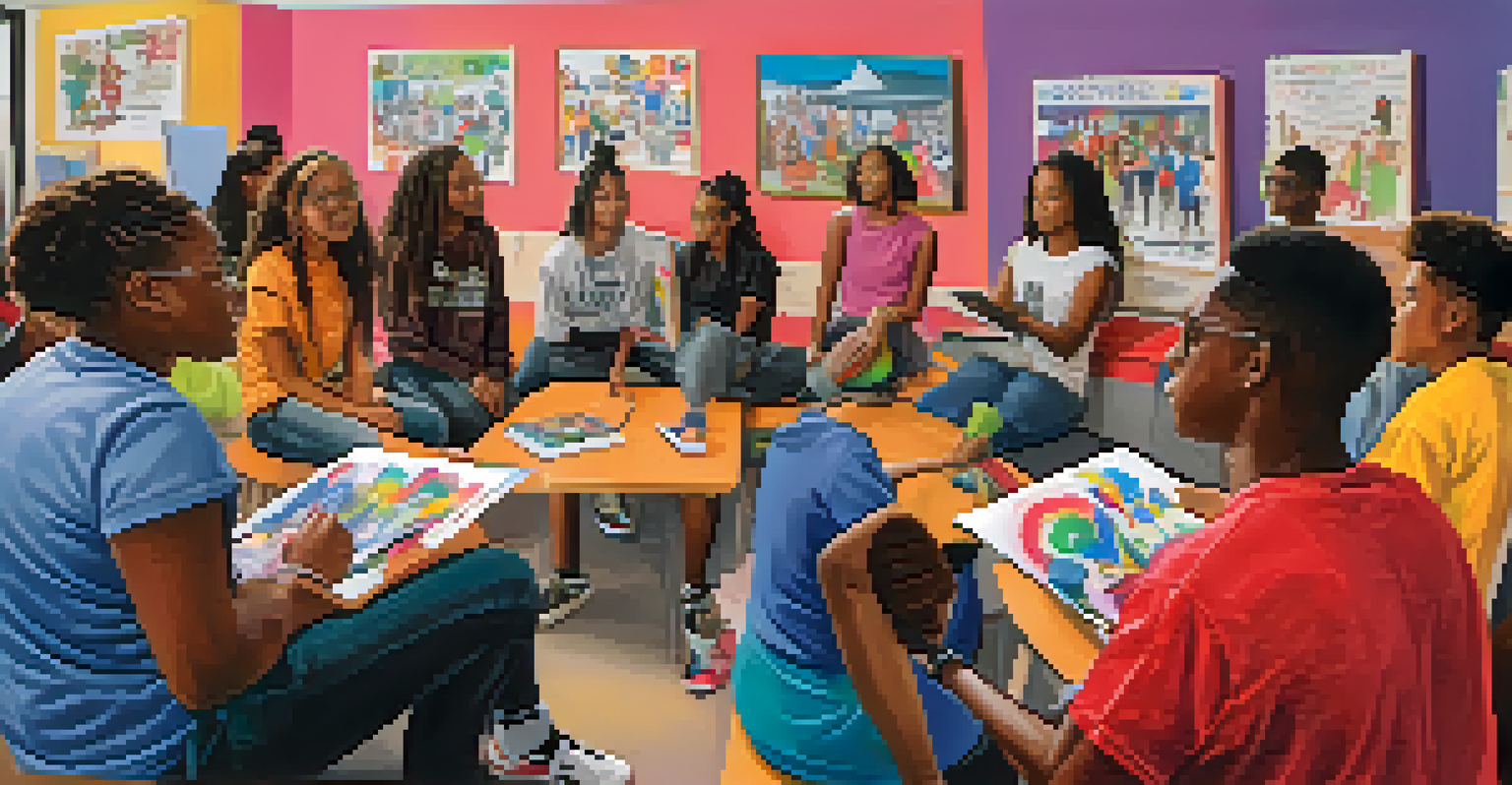 A group of young people participating in an empowering workshop in Compton, with bright colors, motivational posters, and an energetic atmosphere.
