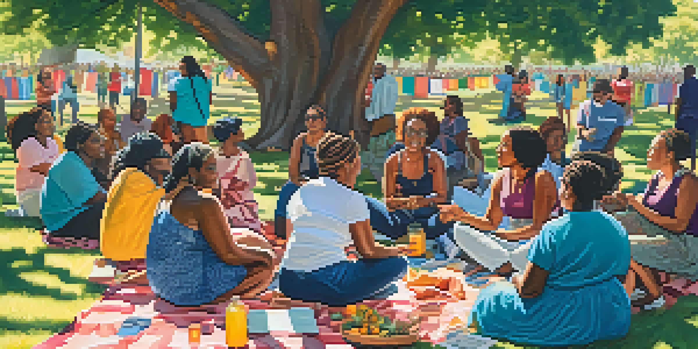 A community gathering in Compton with diverse women leaders discussing social justice under an oak tree, surrounded by colorful banners.