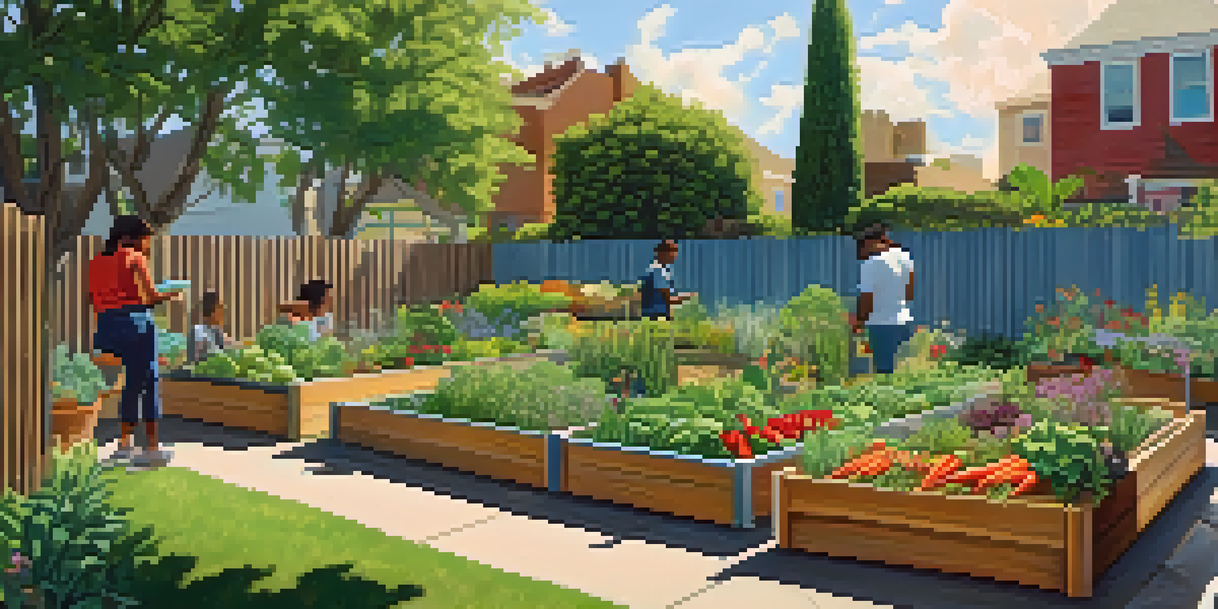 A lively urban garden in Compton with community members tending to various plants, bright flowers, and a sunny sky.