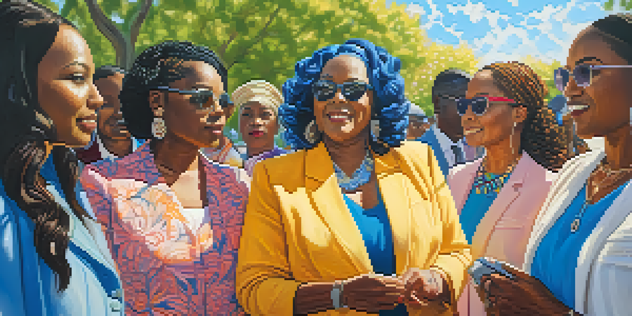 A group of diverse women leaders in Compton standing together in a park, engaged in discussion, surrounded by blooming flowers and trees under a bright sky.