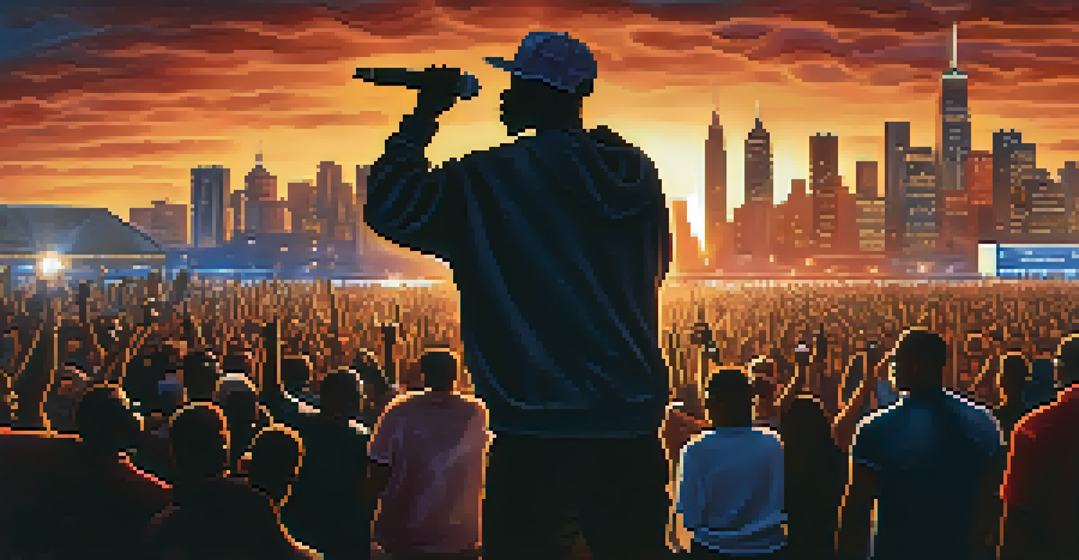 A silhouette of a hip-hop artist on stage with a microphone, surrounded by an excited crowd, set against a dusky city skyline illuminated by stage lights.