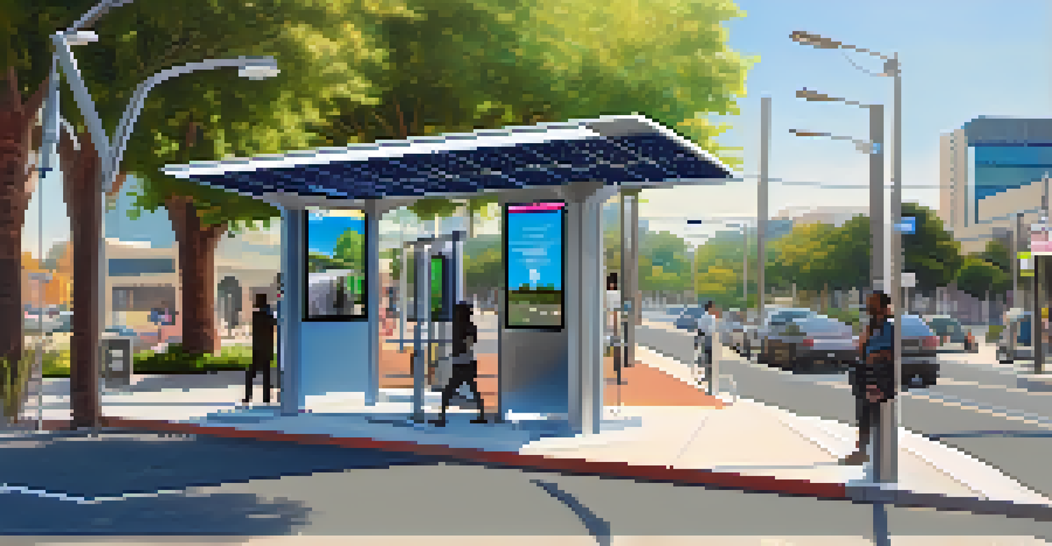 A contemporary view of a bus stop in Compton with modern amenities and diverse commuters.