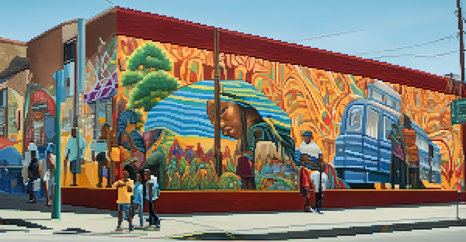 A colorful mural in Compton showcasing community themes, with locals appreciating the artwork.