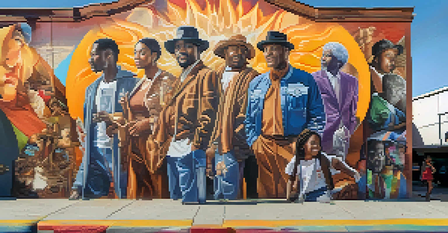 A colorful mural in Compton depicting historical figures and cultural icons, with people admiring the artwork.