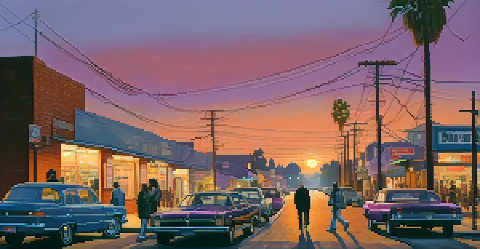 A sunset view of Compton's urban landscape, showcasing busy streets and industrial buildings with vibrant sky colors above.