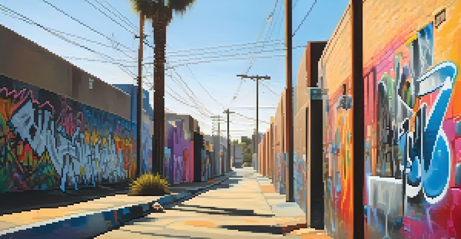 An urban alleyway in Compton covered in graffiti art focused on social justice, with afternoon light casting shadows.