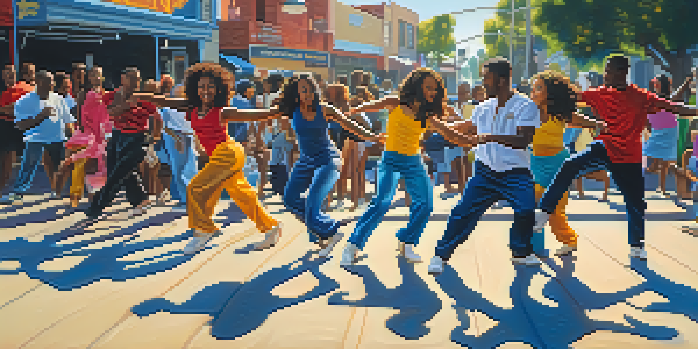 A group of diverse dancers performing footwork in a colorful urban setting in Compton, California, with graffiti and bright sunlight.