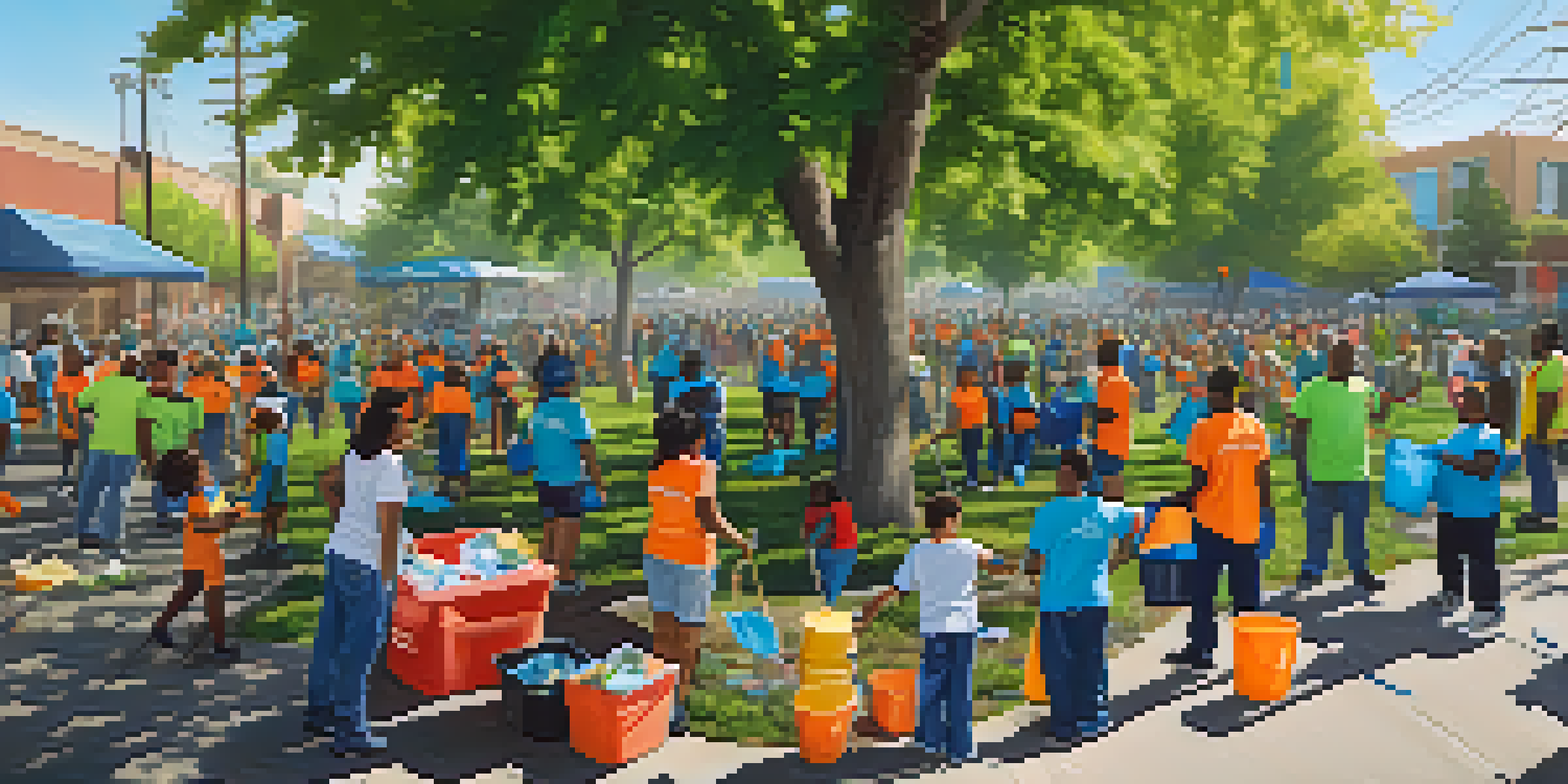 A diverse group of volunteers participating in a clean-up event in a park, surrounded by trees and children playing.