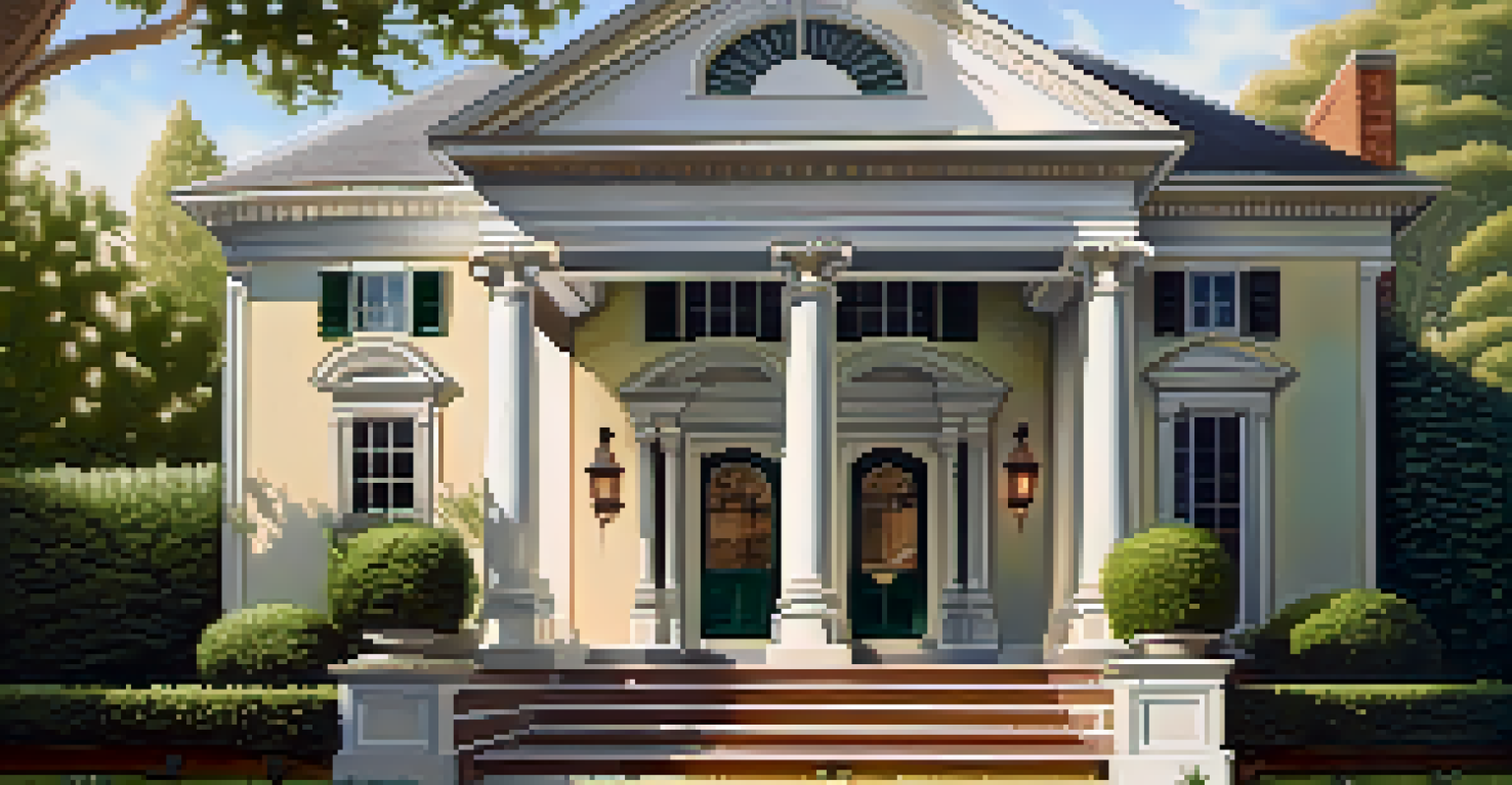 Close-up of an ornate entrance of a Colonial Revival house, highlighting decorative columns and warm lighting.