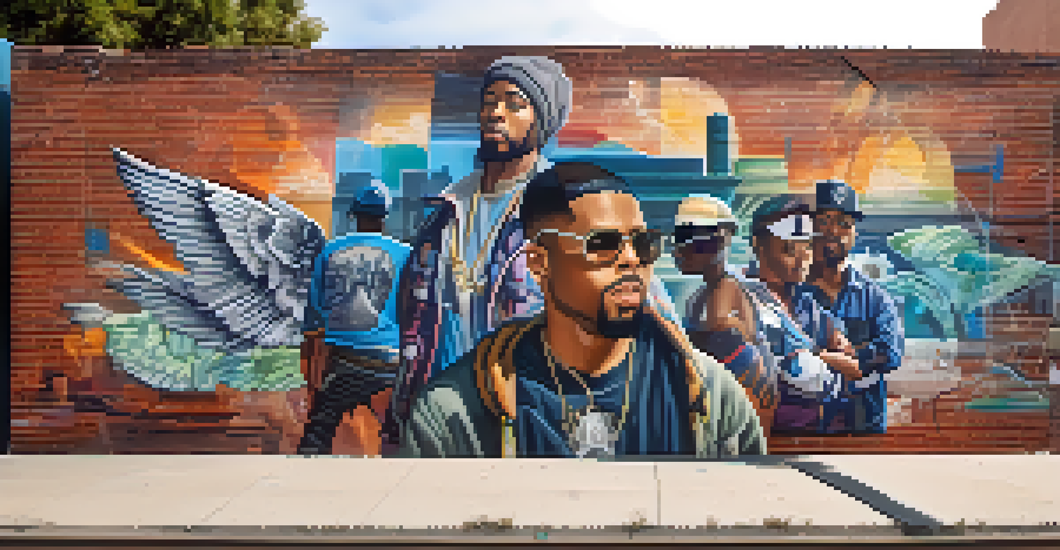 A colorful mural in Compton showcasing influential figures in technology and elements of hip-hop culture.
