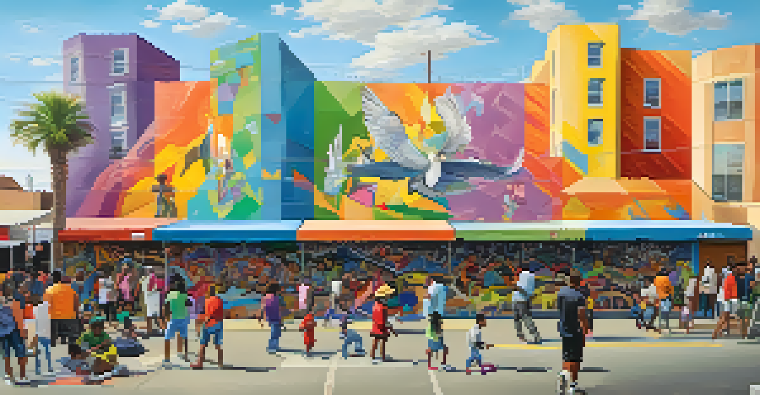 Panoramic view of a community mural festival in Compton, featuring artists painting murals and spectators enjoying the vibrant atmosphere.