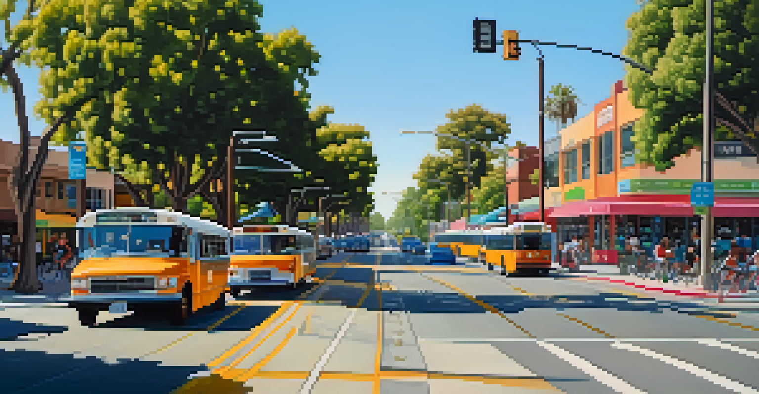 A colorful modern cityscape of Compton showing busy streets with cars, buses, and cyclists in bike lanes.