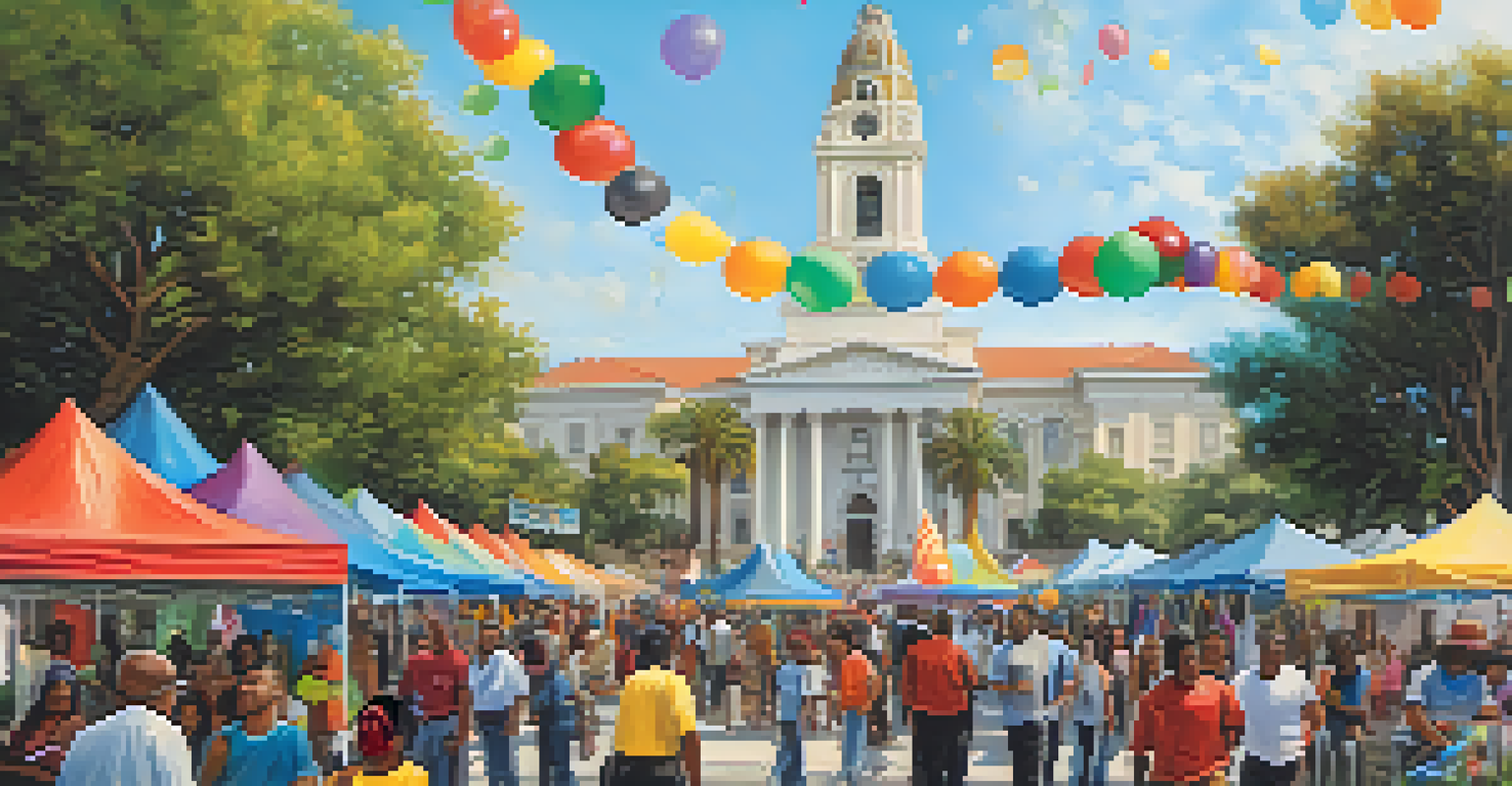 A festive community event outside Compton's City Hall, with local artists, families enjoying activities, and the historic building visible in the background.