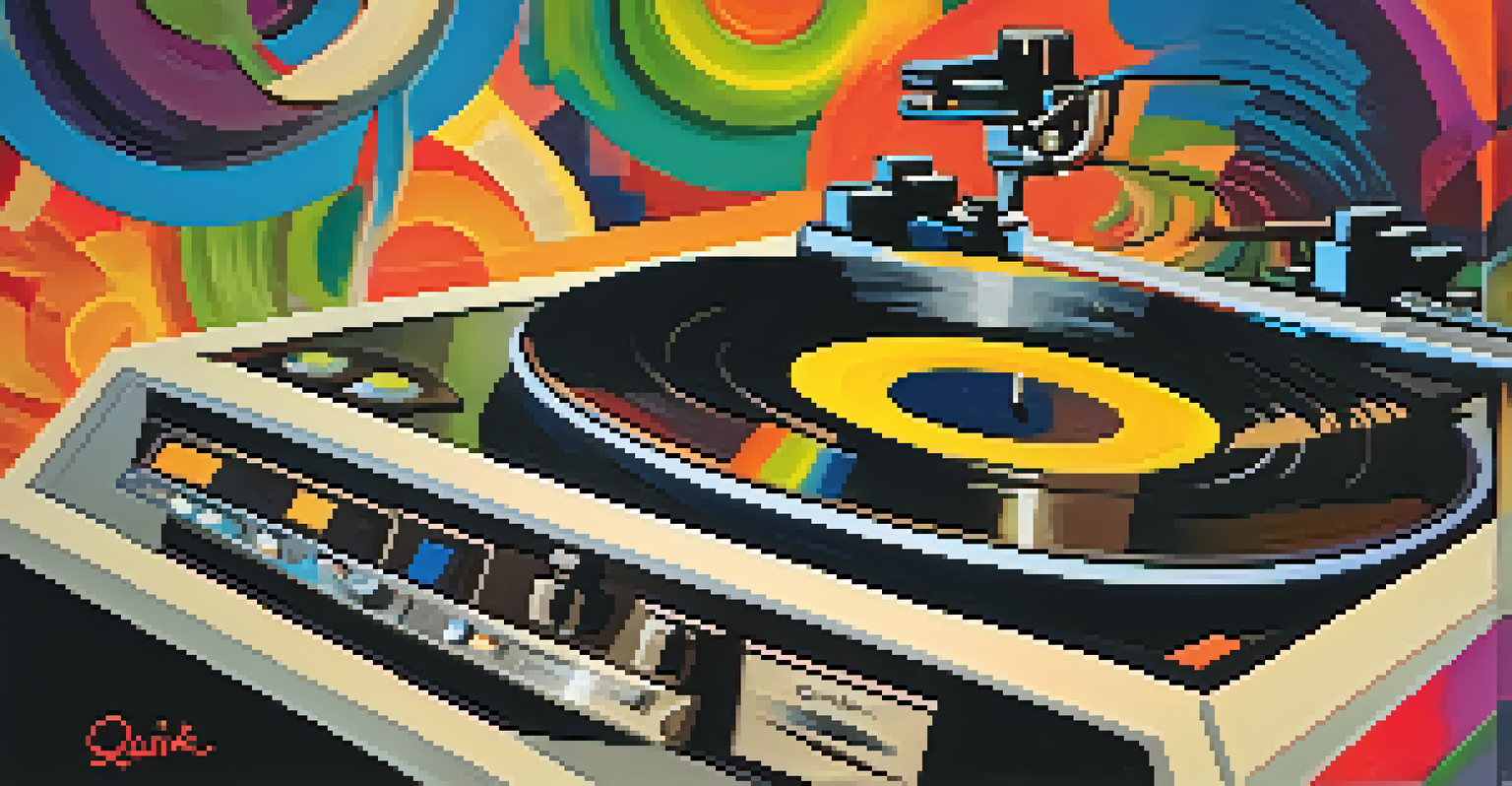 A close-up of a vintage turntable and vinyl records with musical notes, representing creativity in music production.