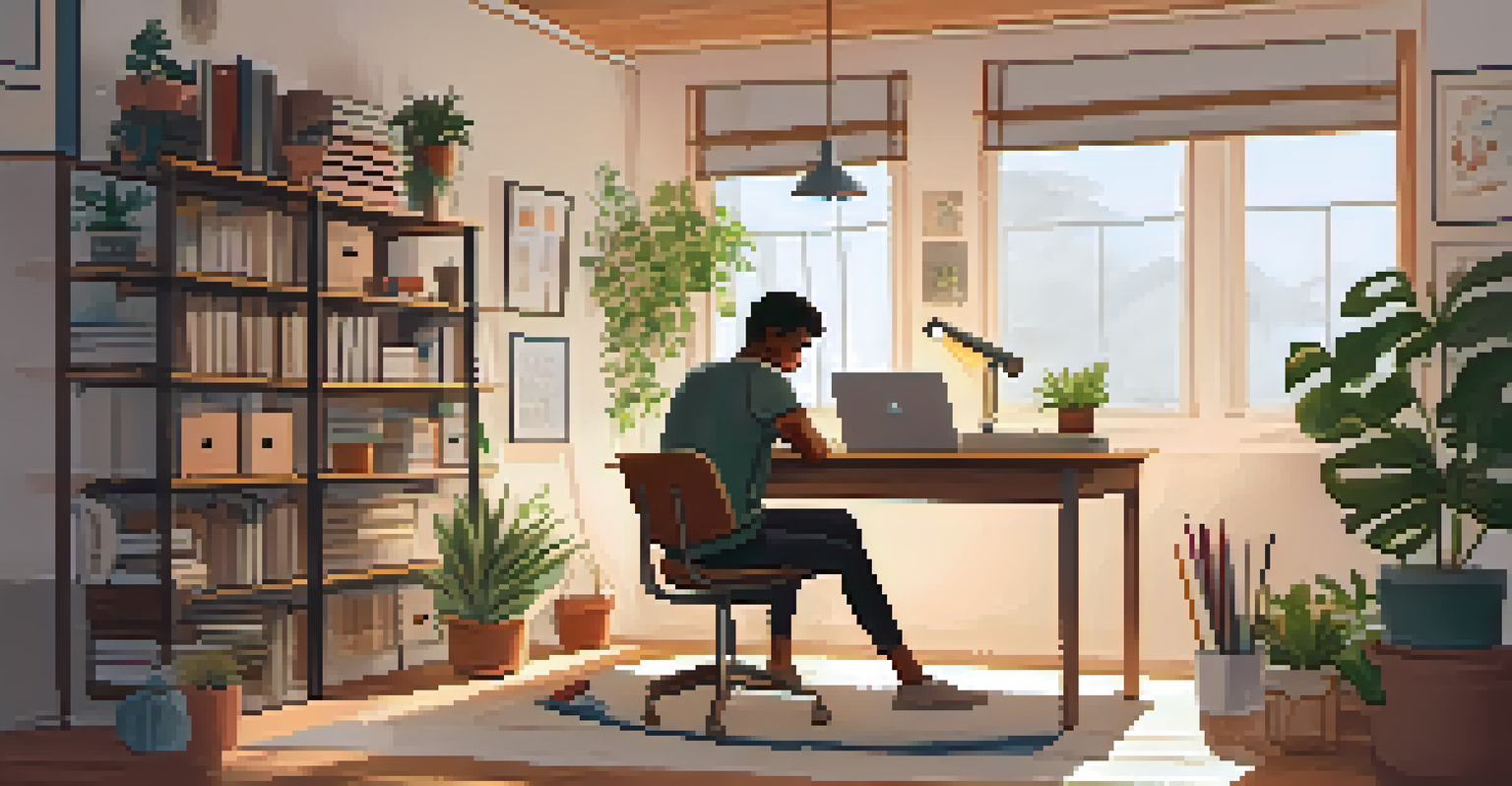 A cozy study area at home with a student focused on a laptop, surrounded by books and a warm atmosphere.