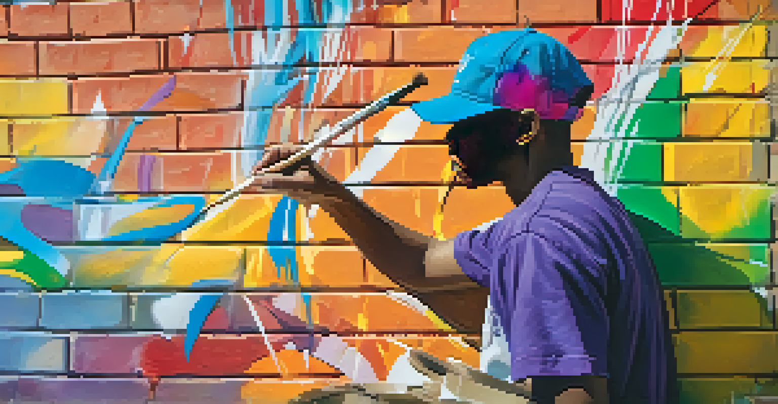 A close-up of a young artist painting a mural on a brick wall in Compton, showcasing vibrant colors and designs.