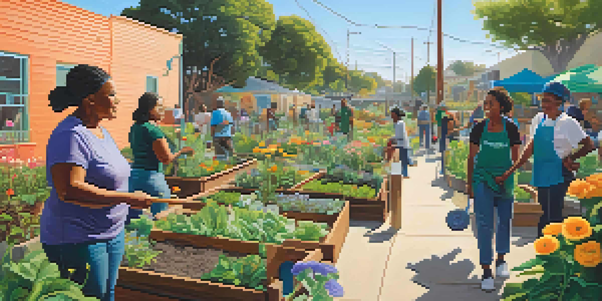 A lively community garden in Compton with residents gardening together under warm sunlight, surrounded by colorful flowers and a mural.