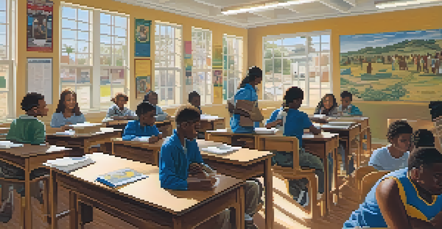 A classroom in Compton with diverse students engaged in a lesson about African American history, with posters on the walls and natural light coming in.