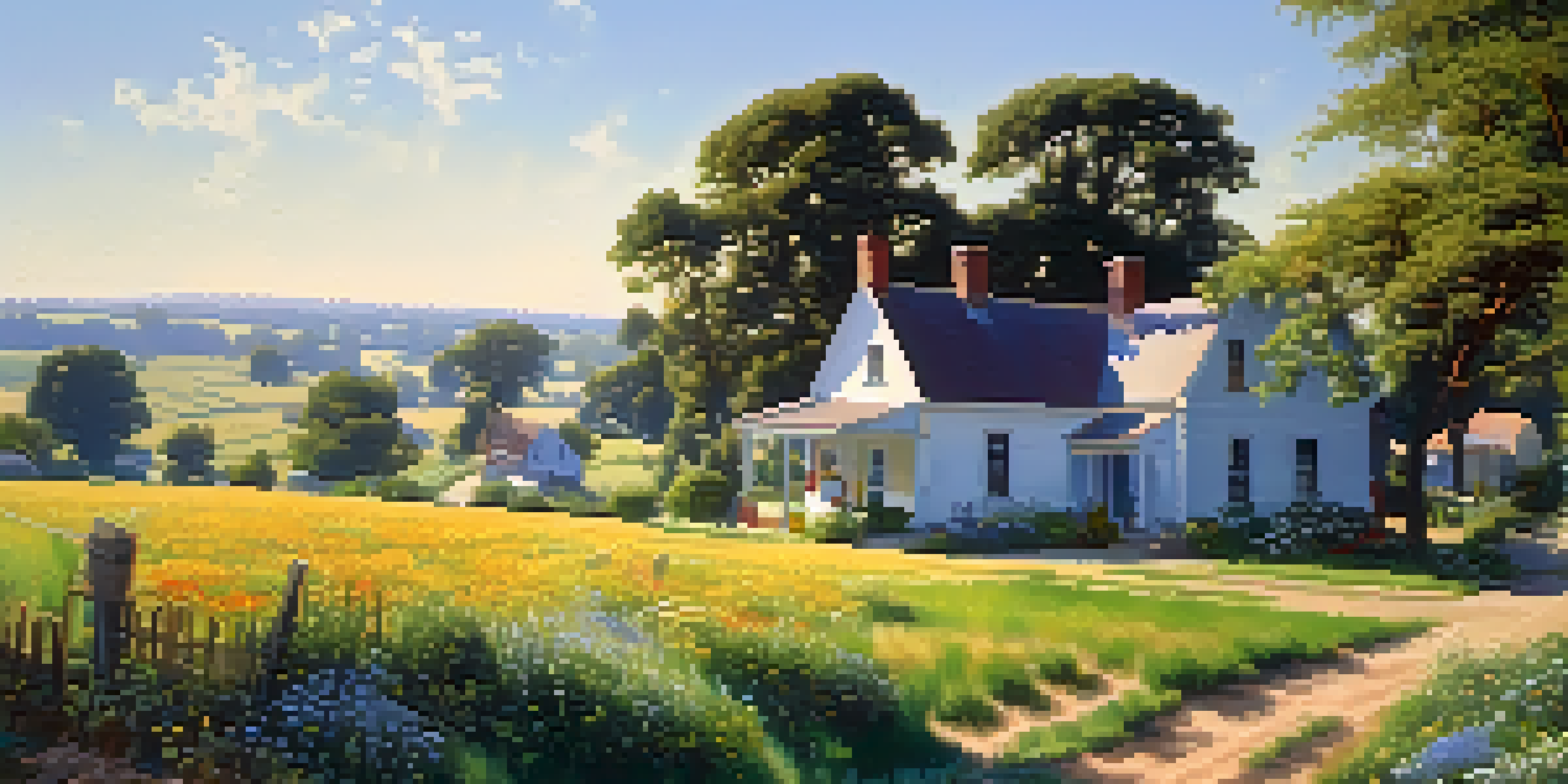 A historical view of Compton with scattered homes in a rural landscape, surrounded by fields and trees under a clear blue sky.