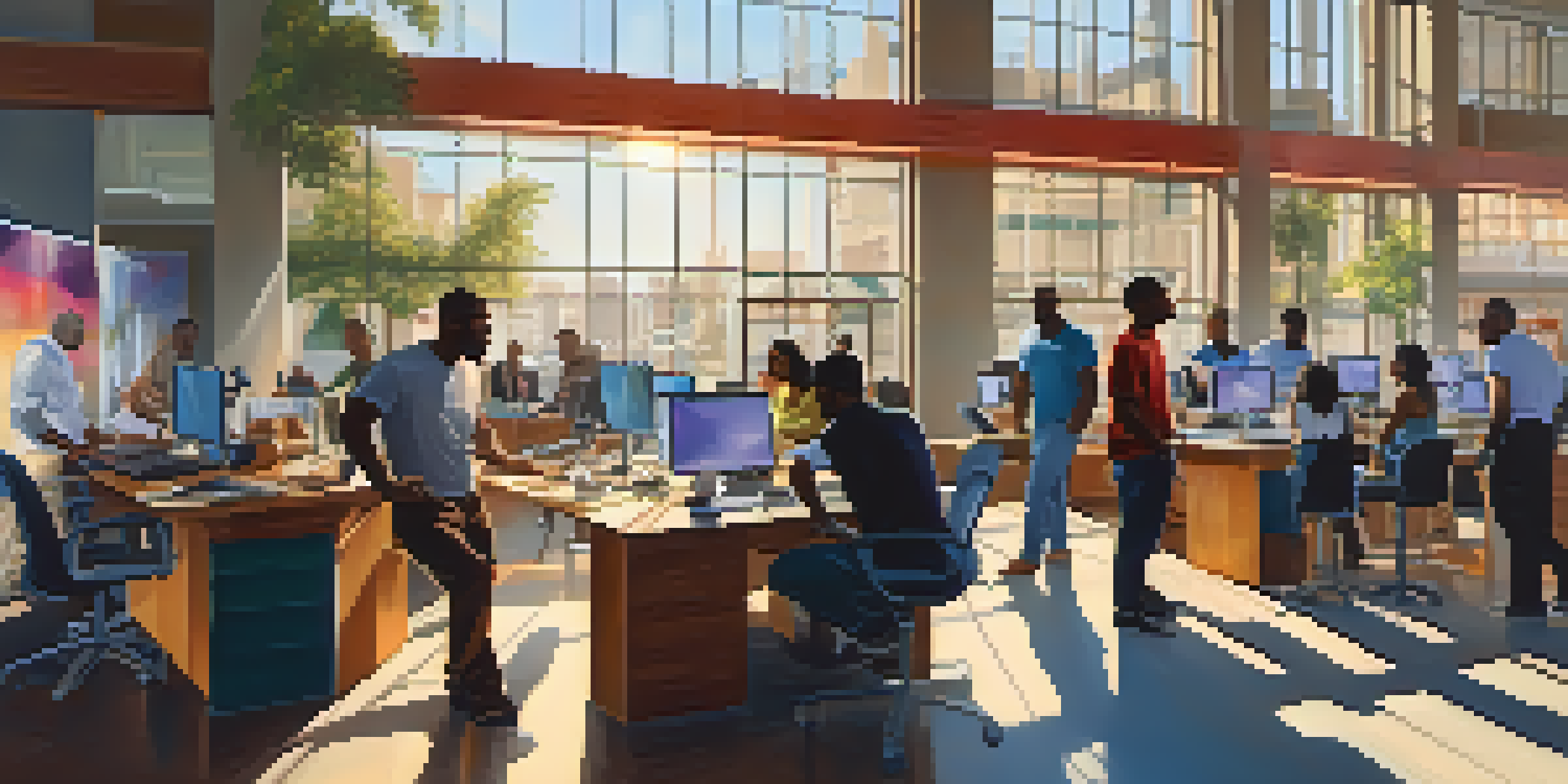 A lively workspace in Compton with diverse entrepreneurs collaborating on technology projects, illuminated by natural light.