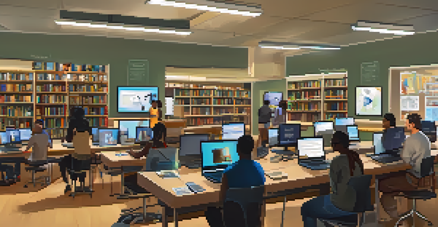 Adults participating in a digital literacy workshop at a library, with a local expert teaching in a well-lit environment.