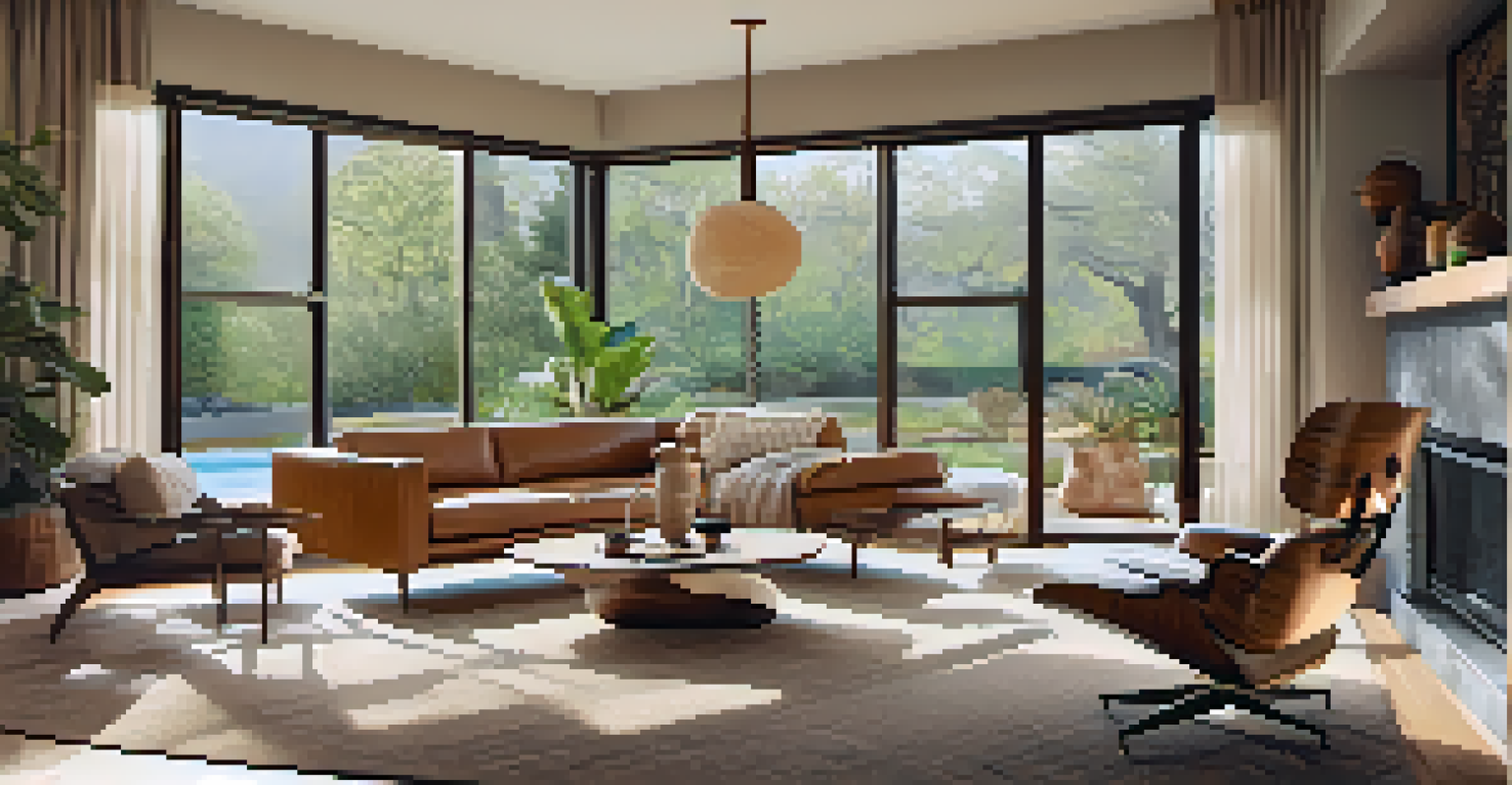 An interior view of a mid-century modern living room with iconic furniture, large windows, and warm colors.