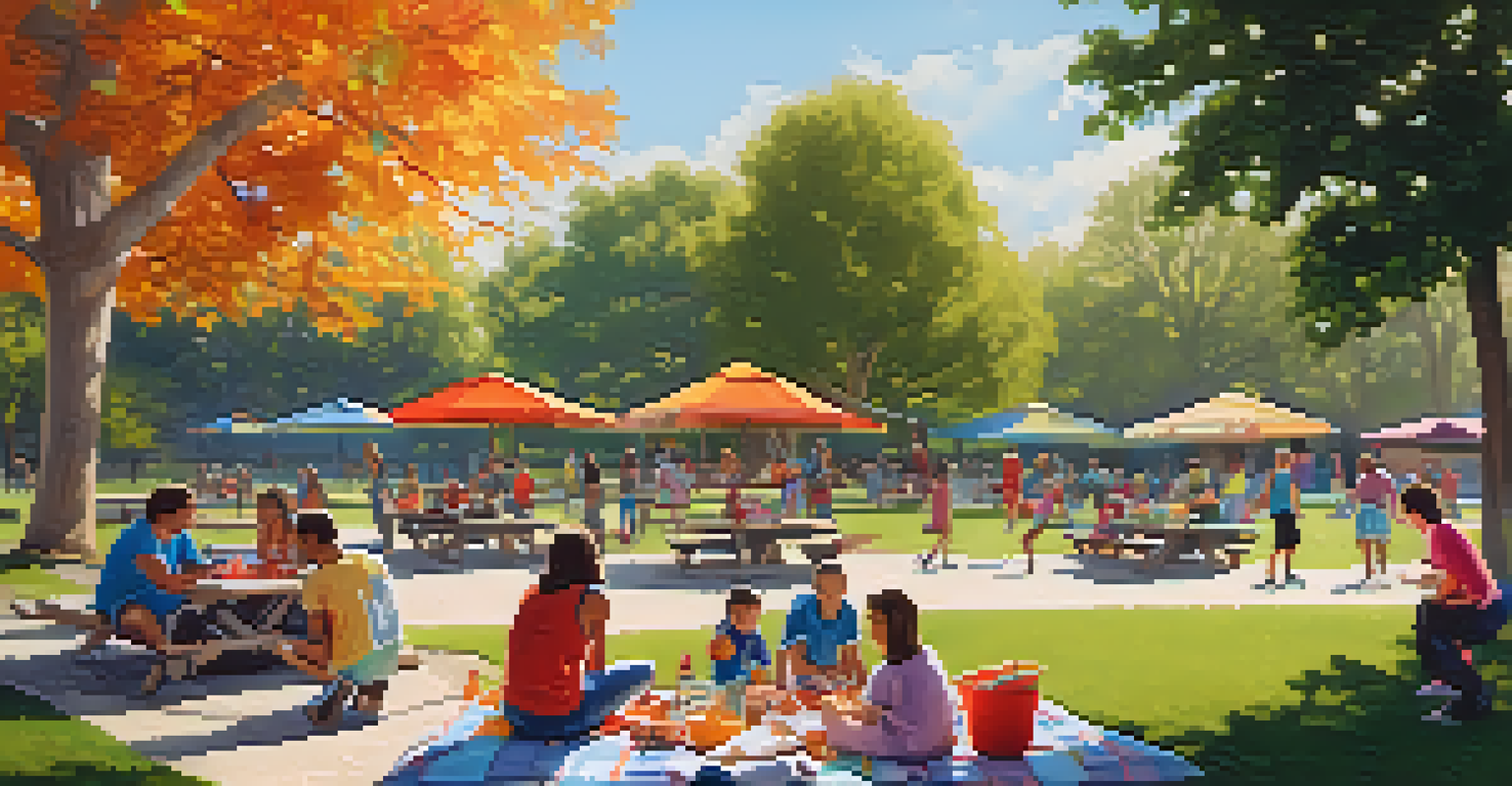 A lively family picnic in a park with kids playing basketball and parents grilling food.