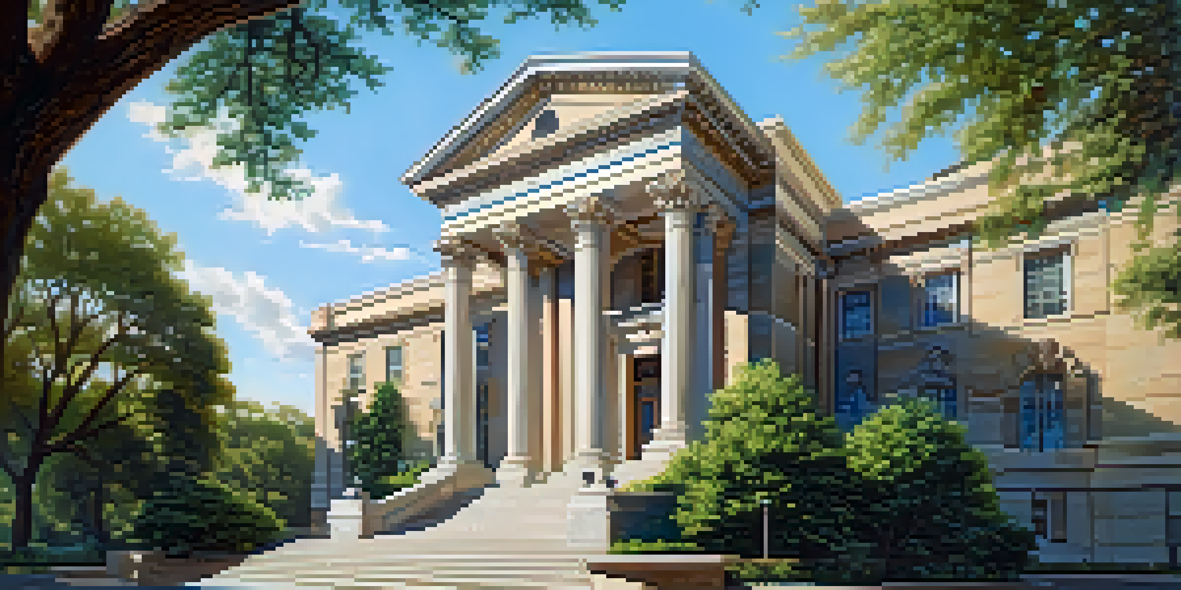 A historic Compton Courthouse with intricate stonework, surrounded by green trees and a blue sky, illuminated by soft sunlight.