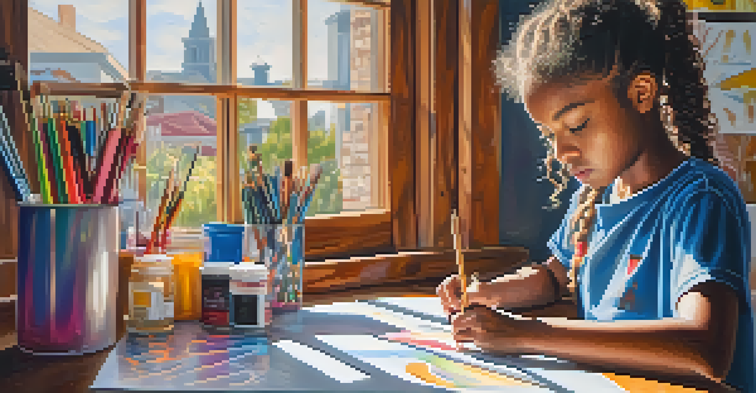 A young artist in Compton working on a colorful canvas, surrounded by art supplies and illuminated by sunlight from a window.