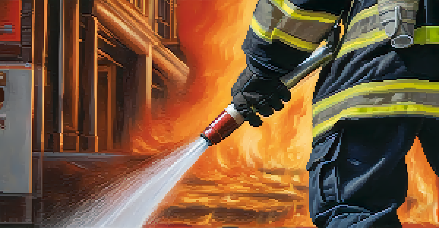 Close-up of a firefighter's hands adjusting a fire hose, with a blurred fire scene in the background, showcasing the texture of the hose.