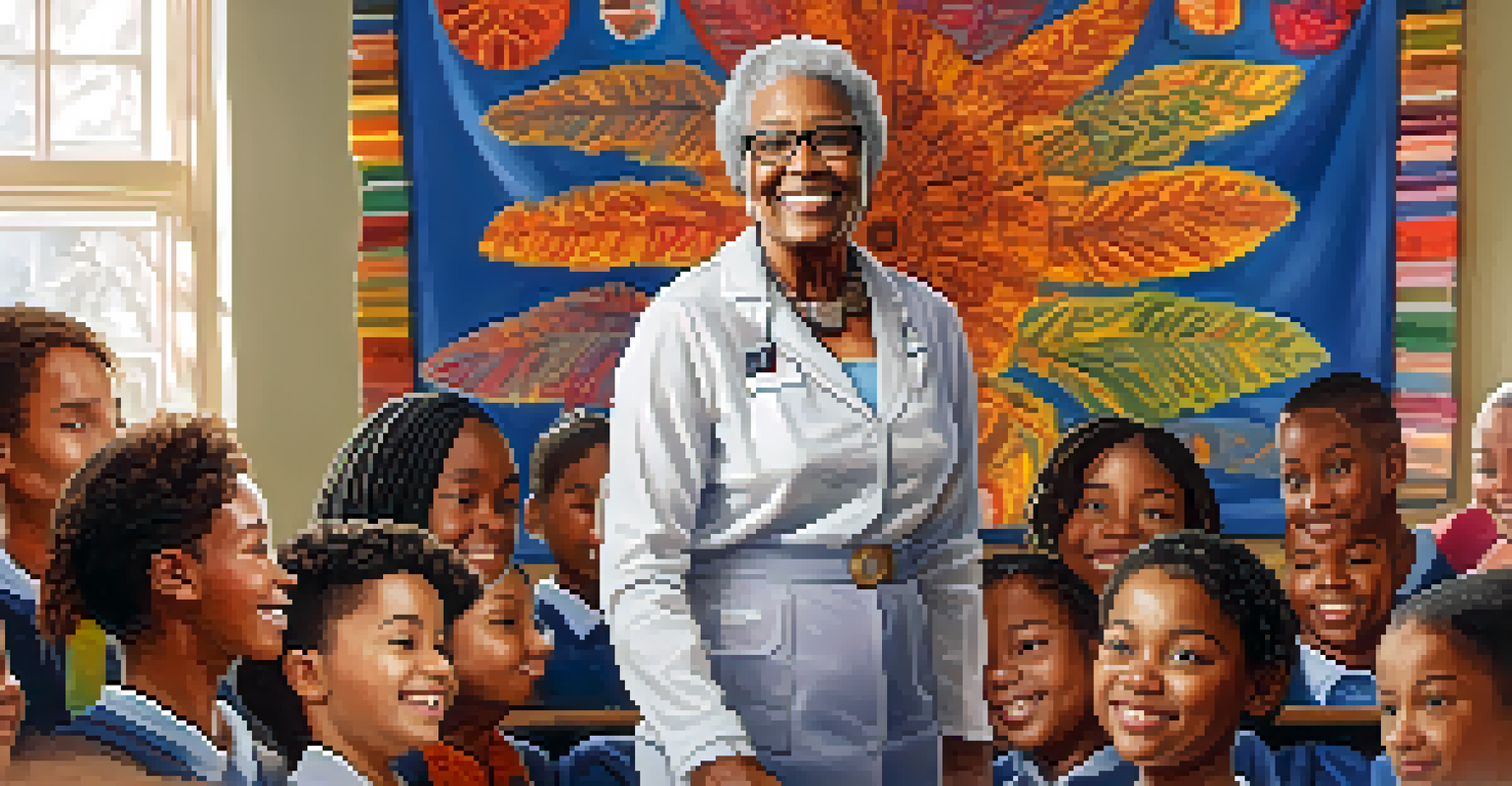 Dr. Lillian Johnson standing in a bright classroom surrounded by diverse students, with cultural artifacts and student artwork decorating the room.