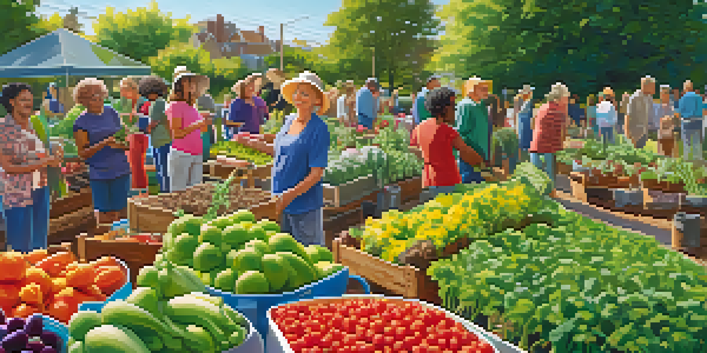 A community garden with people of different ages planting and harvesting fruits and vegetables under warm sunlight, with a nutrition workshop happening in the background.