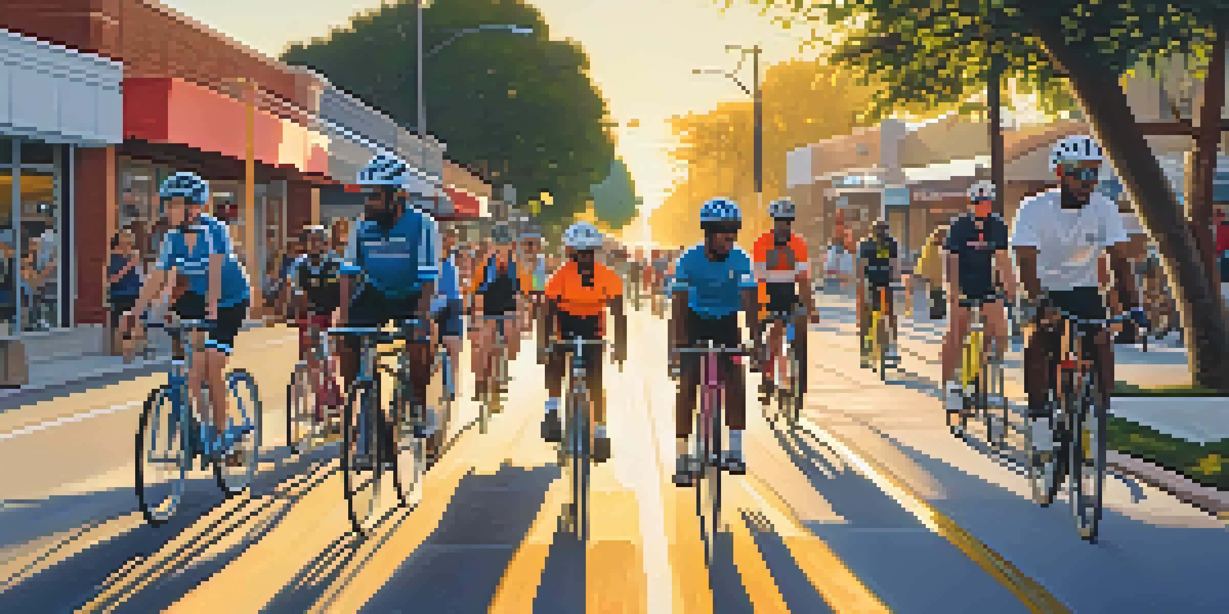 A group of diverse cyclists riding on a bike lane in Compton during sunset, surrounded by trees and local shops.