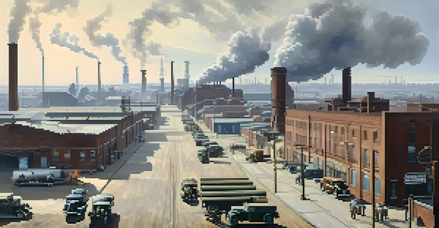 An industrial scene featuring factories, warehouses, and workers on the streets amidst a hazy sky.