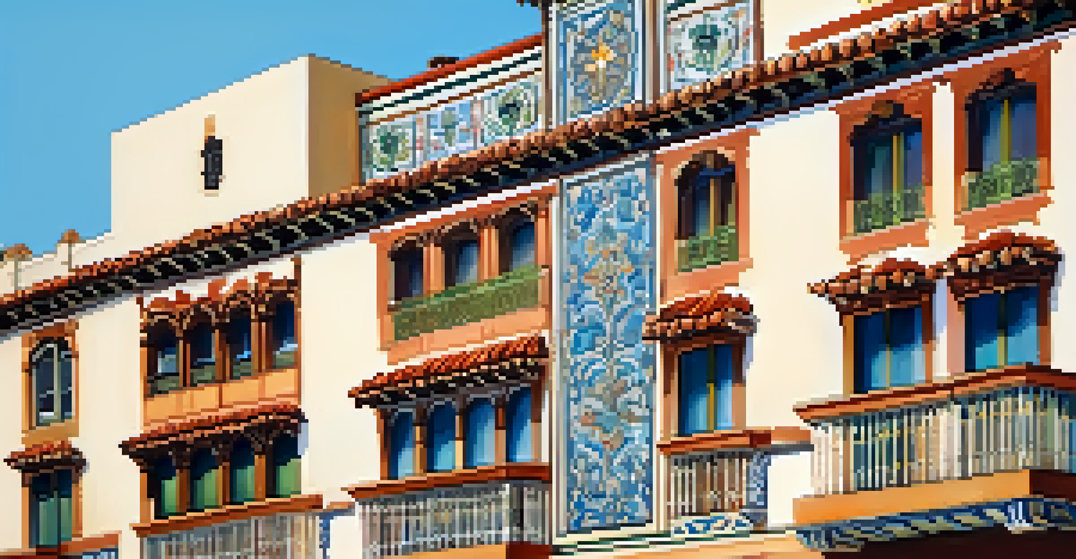 Detailed view of a Spanish Revival building with colorful tiles and decorative ironwork, showcasing the texture of stucco walls illuminated by sunlight.