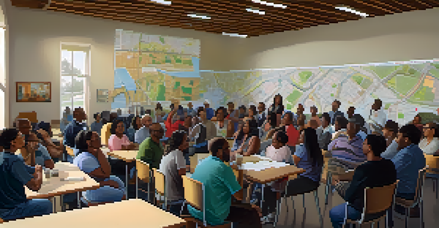 A community meeting in Compton with diverse residents discussing neighborhood development, featuring a large map and natural light in the room.