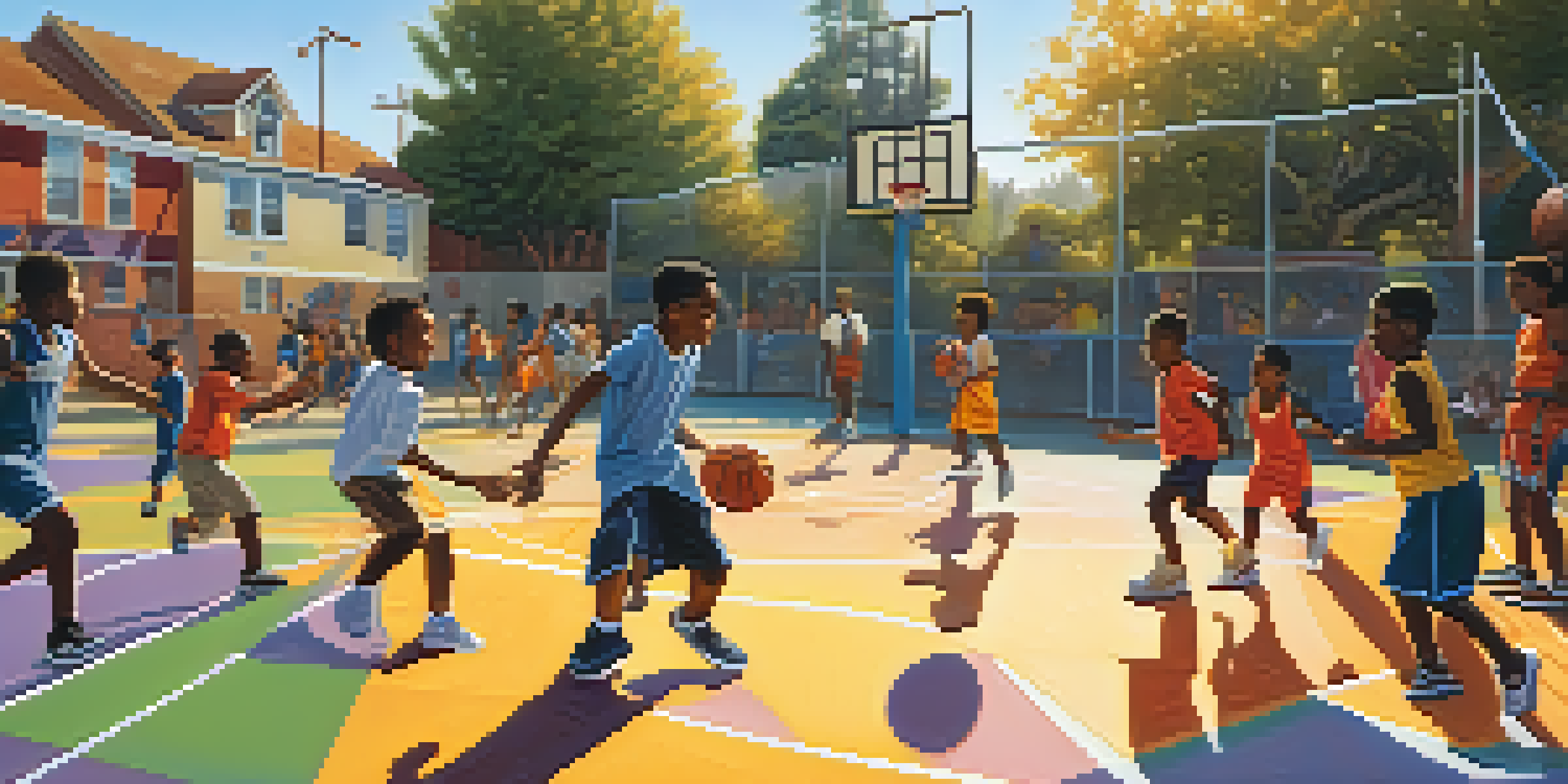 A diverse group of children playing basketball in Compton, with parents and coaches cheering in the background.