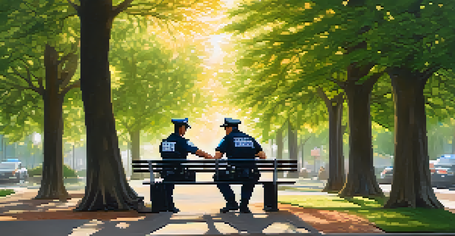 An emergency response team comprising a police officer and a mental health specialist helping an individual on a park bench, with sunlight filtering through the trees.