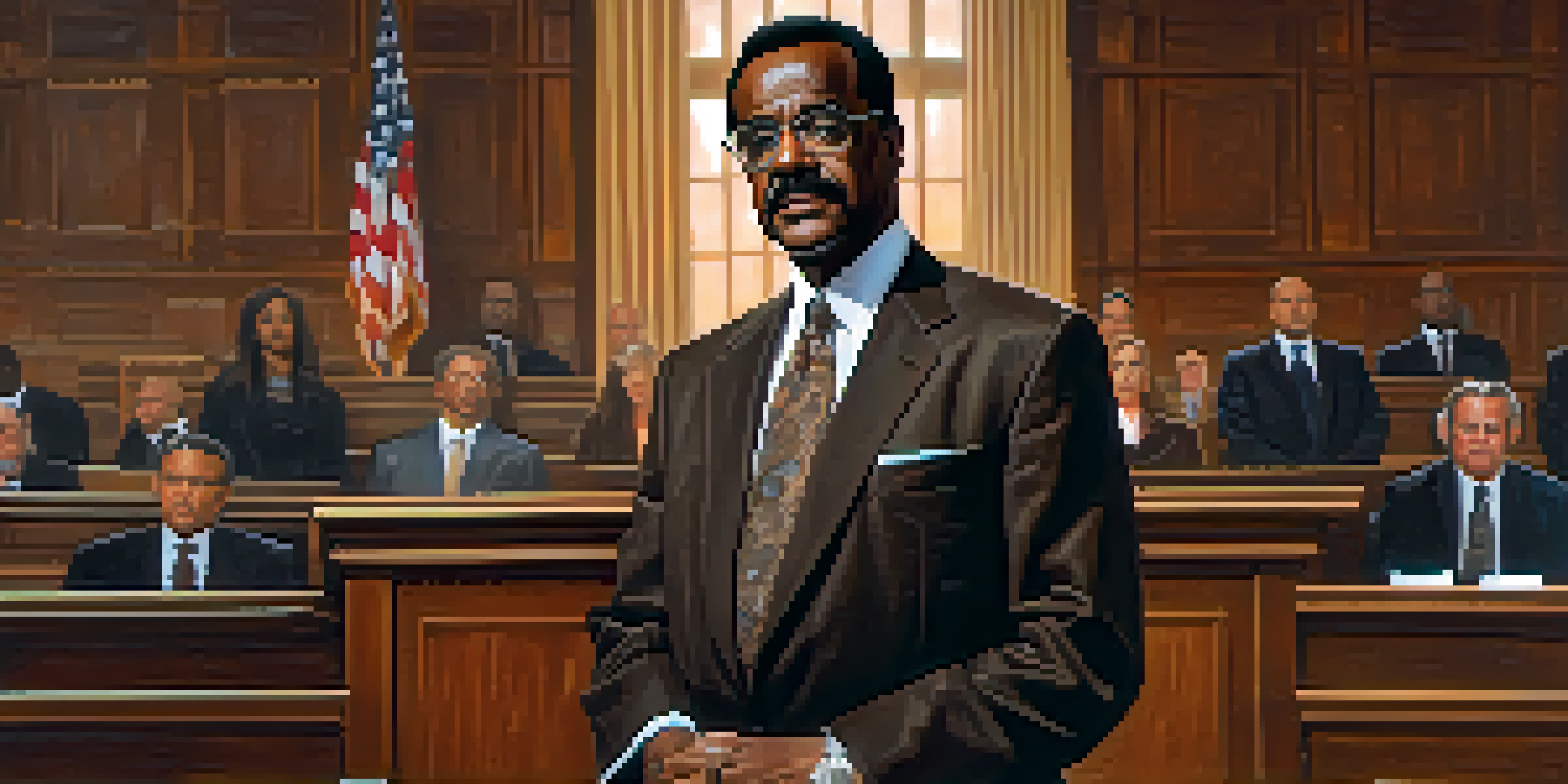 A confident portrait of Johnnie Cochran in a courtroom, showcasing his determination and charisma.