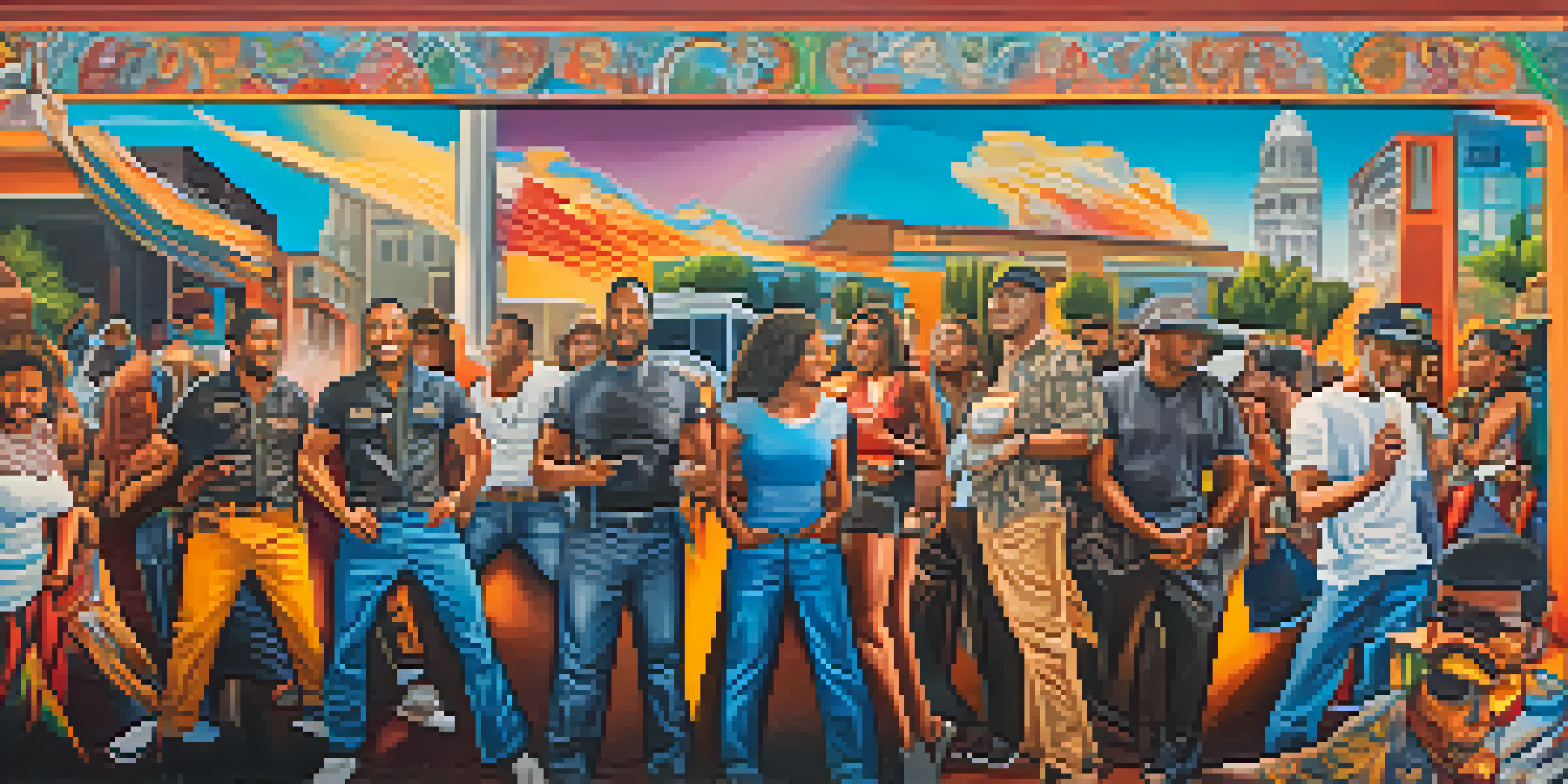 A colorful mural in Compton featuring local heroes, with diverse people admiring the artwork under warm sunlight.