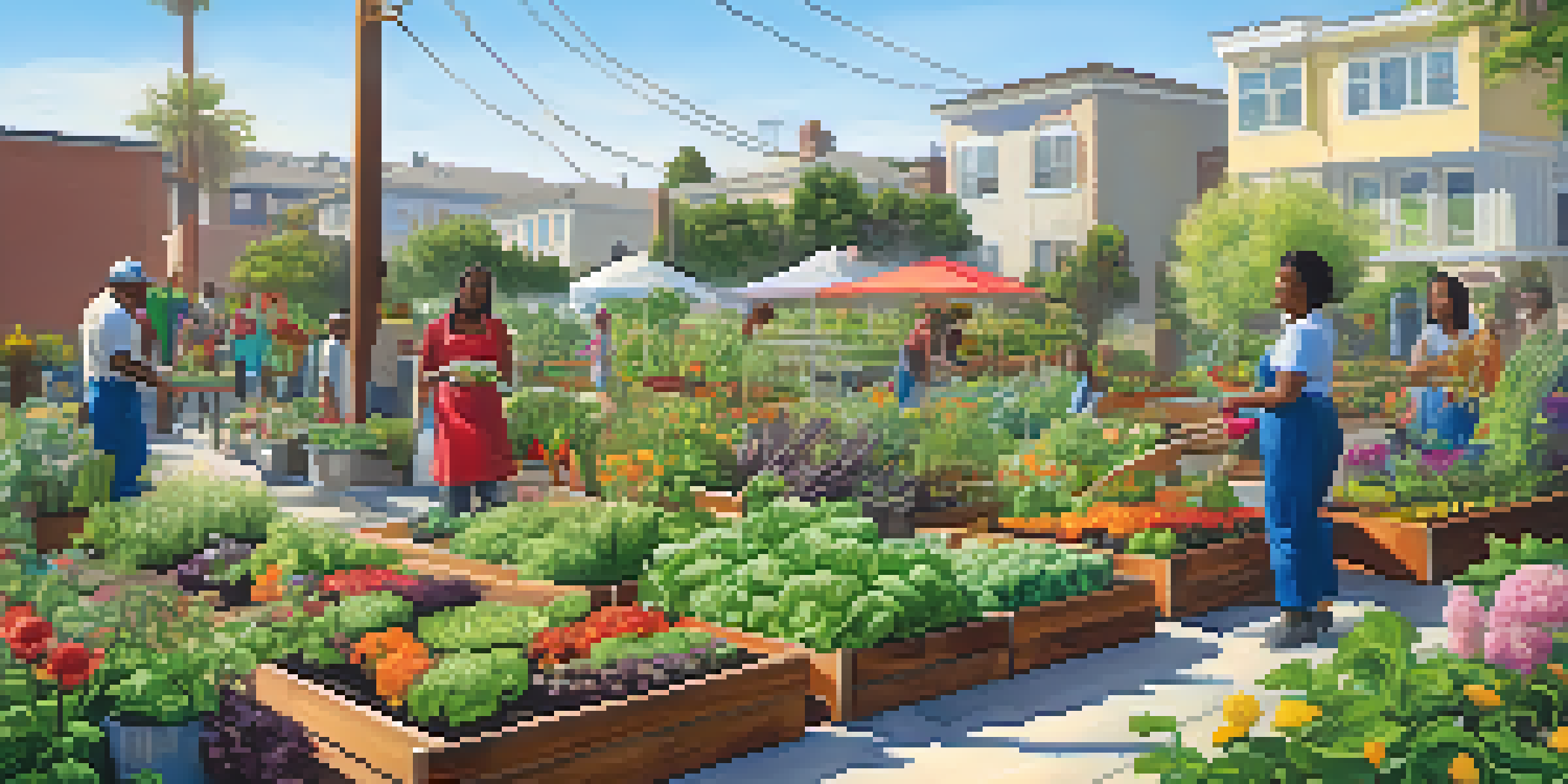 A lively urban garden in Compton with various vegetables and flowers, featuring residents collaborating in a sunny environment.