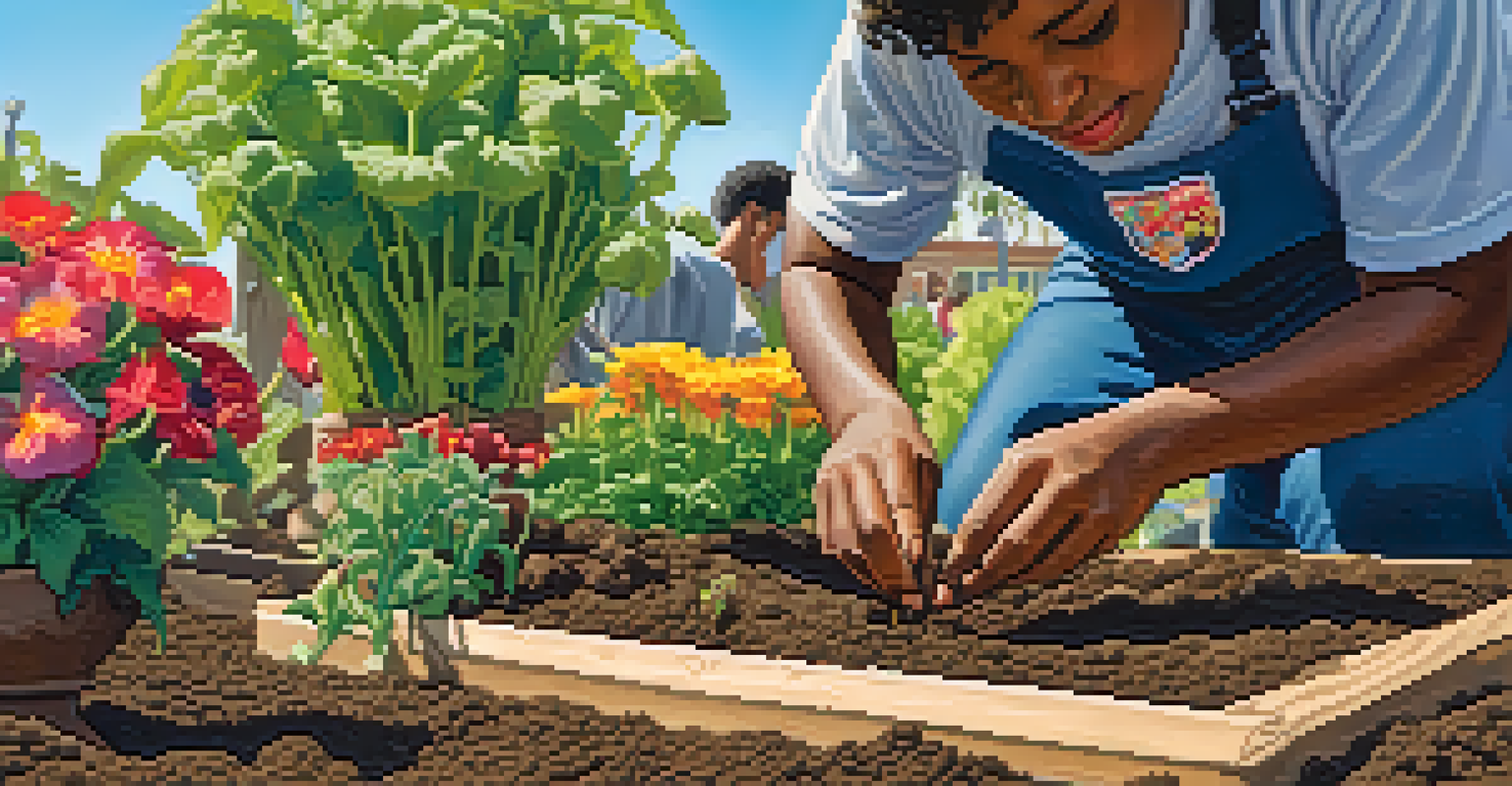 A young activist planting seeds in a community garden, surrounded by green shoots and other community members working together.