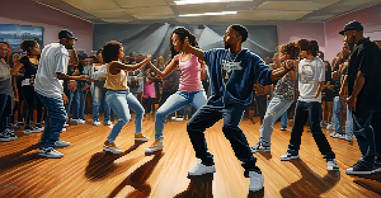 Two dancers in a community center engaging in a dance battle, surrounded by an audience, with warm lighting and hip-hop posters in the background.