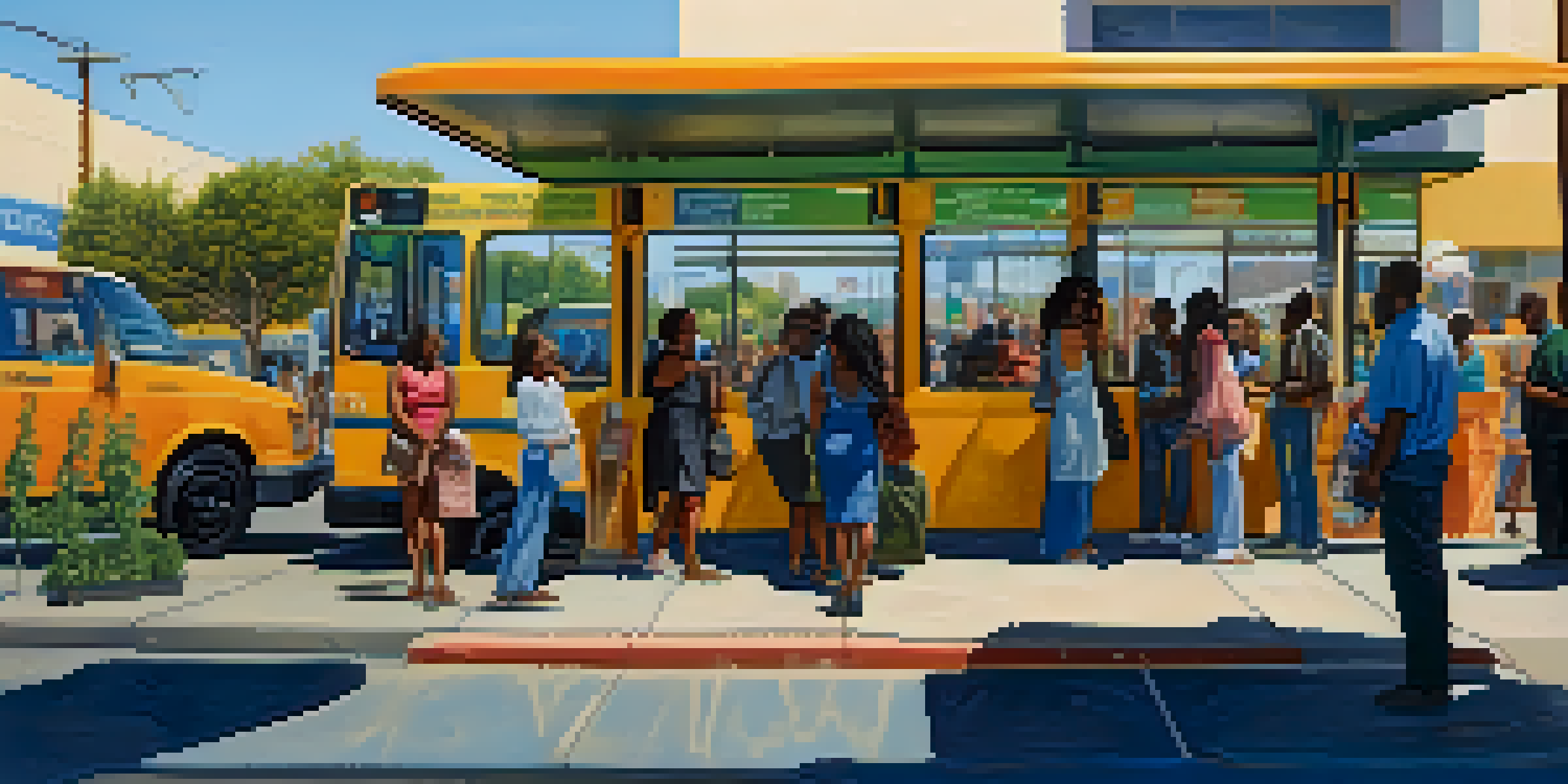 A busy bus stop with diverse commuters in Compton, showcasing local shops and greenery in the background under a sunny sky.