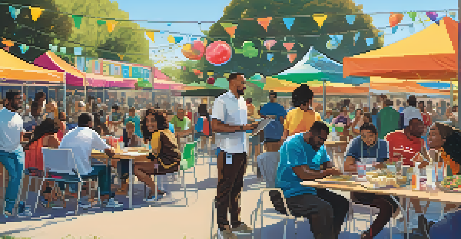 A community hackathon event in Compton with diverse residents discussing ideas at tables set up outdoors.
