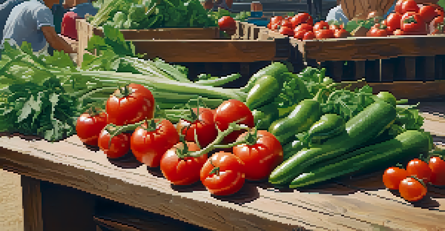 Freshly harvested vegetables on a wooden table, with community members celebrating in the background.