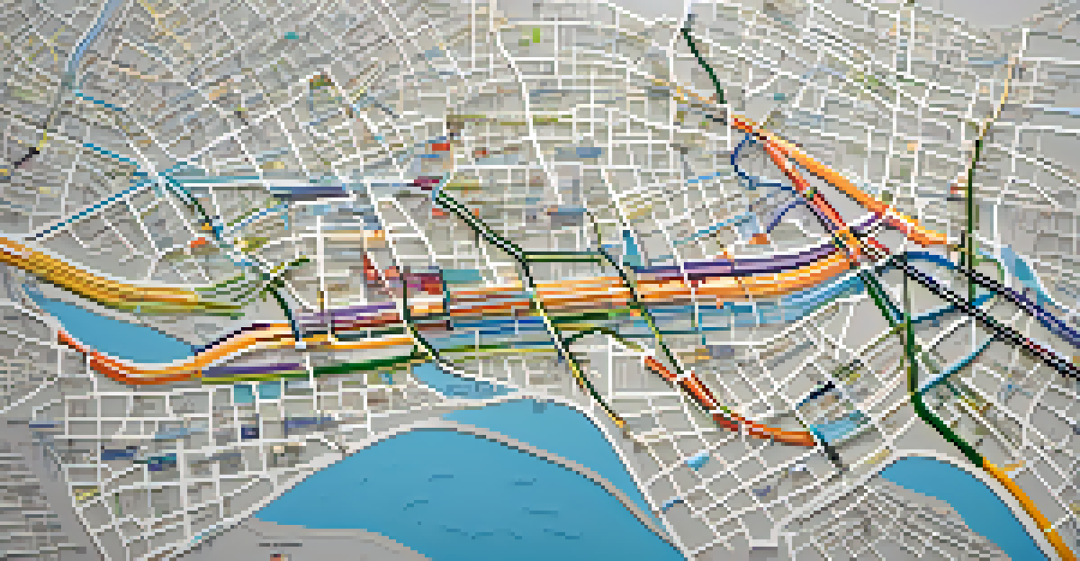 An overhead map of Compton's public transit system with colorful bus routes and marked landmarks.